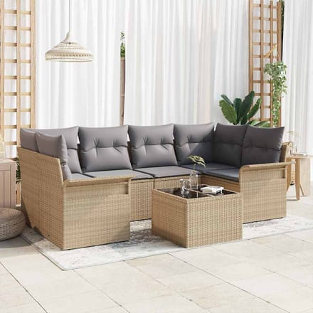 vidaXL - Tuinbank - Set - 7 - pcs - 6-Seater - Beige - en - Grijs - poly - rattan