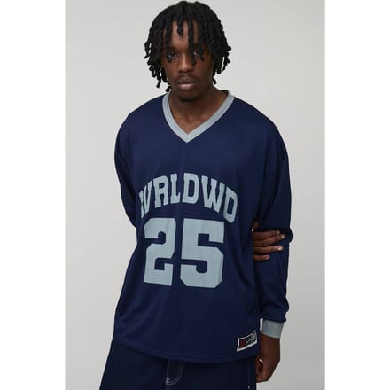 Tall Oversized WRLDWD Print Long-sleeved Sports T-Shirt | Navy | Size Medium