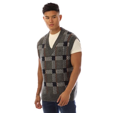 Heren Fred Perry Glitch Tartan gebreide tanktop in grijs