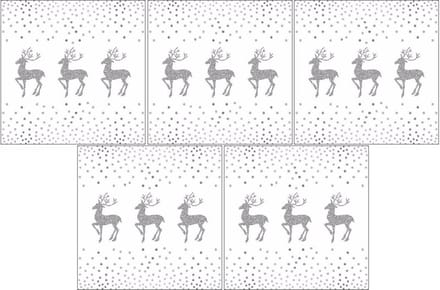 Ambiente Kerst servetten - 100x - rendier en stippen - wit / zilver - 33 x 33 cm - papier - kerstservetten/kerstdiner servetten