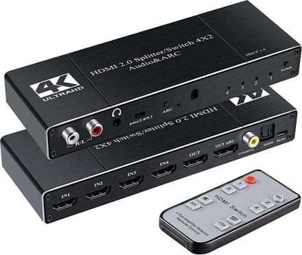 NÖRDIC SGM-154 HDMI switch 4 naar 2 Audio Extractor en ARC, 4K 2K in 60Hz, Zwart