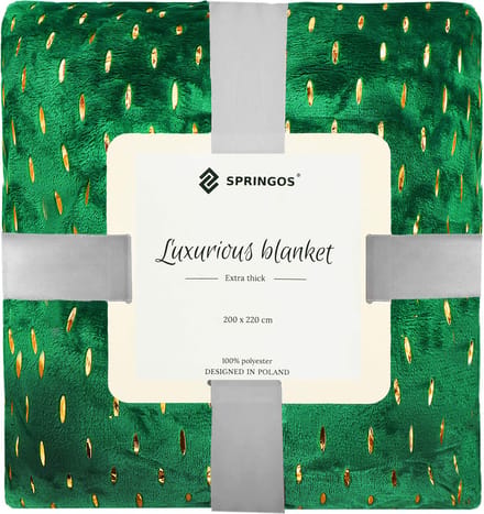 Springos Plaid | Sprei | Deken | 220 x 200 cm | Pluche | Groen/ Goud