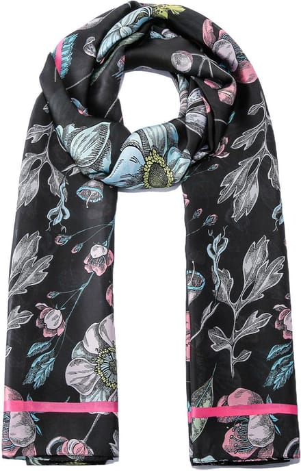 Emilie scarves - sjaal - bloemenprint - lang - satijn - Zwart