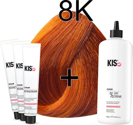 Kis KeraCream Color - 100ml - Haarverf Set - 8K Licht koper | KIS - (3 x haarverf & 1L waterstofperoxide)