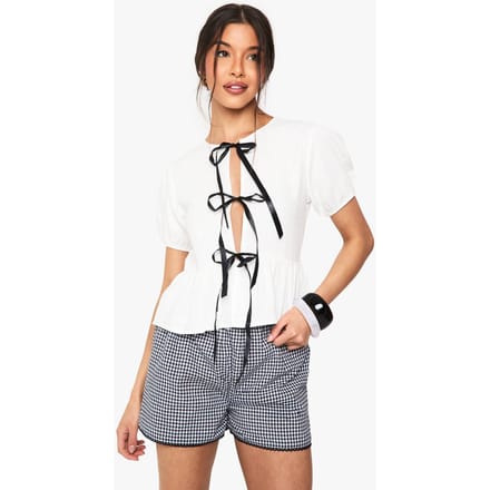 boohoo Dames Linnen-look top met strik en pofmouwen | Wit | Maat: 38