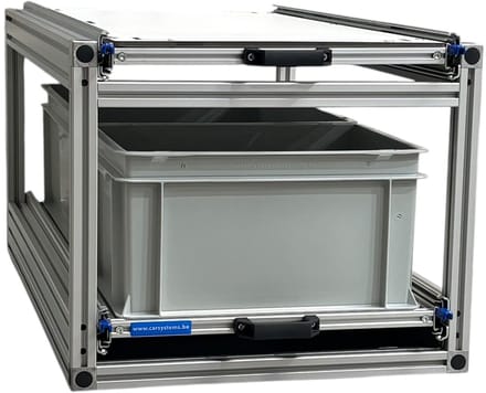 Dubbele schuifframe 90x40 cm inclusief 2 open bakken en 6 mm global volkern bovenplaat