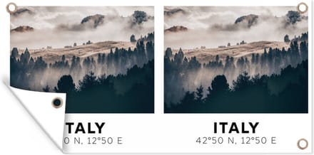 Tuinposter Italië - Dolomieten - Bos - Mist - 60x30 cm - Tuindoek