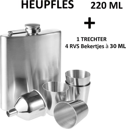Heupfles - Zakflacon - Platvink - Veldfles - RVS - 4 Bekertjes & Trechter