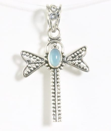 Zilveren libelle hanger met blauwe chalcedoon
