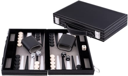 Backgammon 11 inch - Grijs, Zwart & Wit Gestikt Bord - Kunstlederen Koffer met Handvat - Engelhart