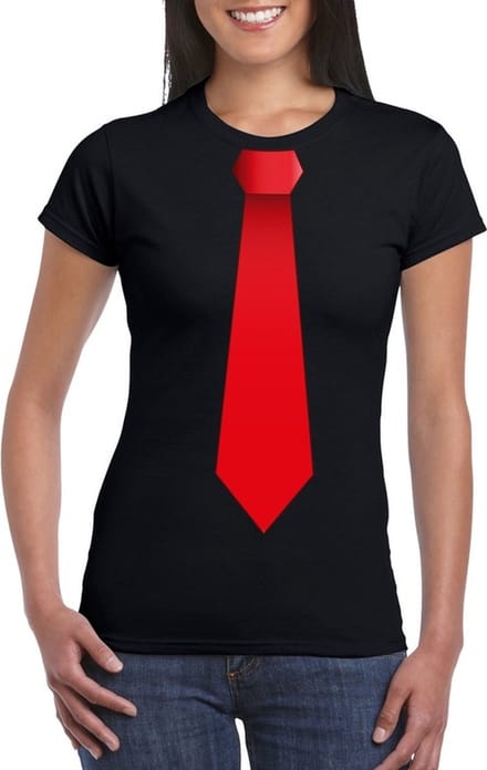 Zwart t-shirt met rode stropdas dames L