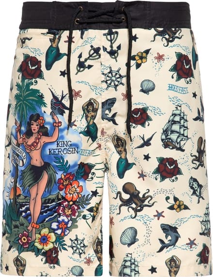 King Kerosin Designer-Badeshorts Honolulu Hawaii Ecru-3XL
