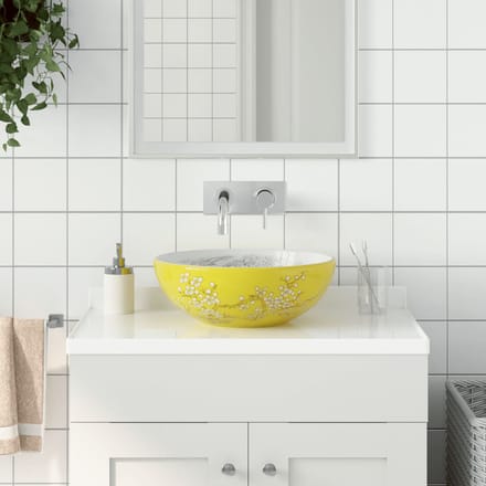vidaXL - Opzetwasbak - rond - Φ41x14 - cm - keramiek - wit - en - geel