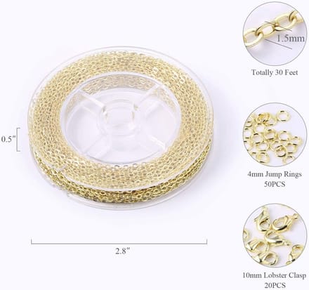 Dainty Gold Plated Brass Cable Chain Link Bulk voor Sieraden Maken - 33 Feet (1.5mm) Inclusief Sluitingen