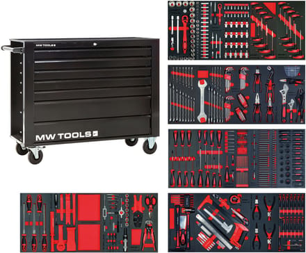 Gevulde brede, zwarte gereedschapswagen XL 514-delig MW Tools MWE512G3B