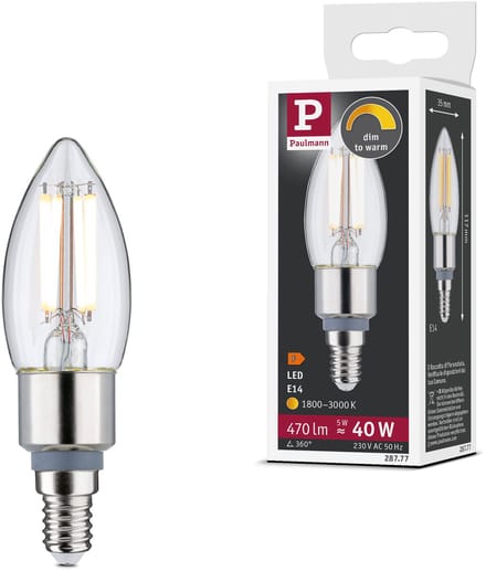 Filament 230 V LED kaars E14 470lm 5W Dim to warm dimbaar Helder