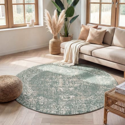 Fraai Rond vintage vloerkleed - Spring Ethnic Groen/Creme - Ø 280cm