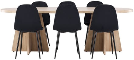Bootcut eethoek tafel 115x230cm en 6 velours stoelen naturel.