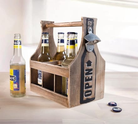 Houten Flessendrager voor Sixpack met Flesopener