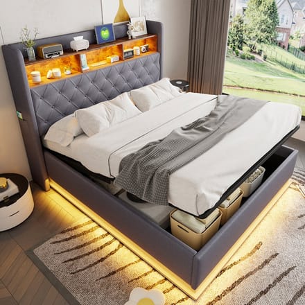 REDOM ledikant 160x200 cm – Linnen grijs – LED, USB, hydraulische opbergruimte – Breed hoofdbord