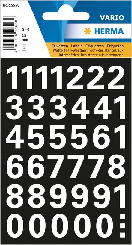 Herma Stickervel nummers - cijfers / getallen - 0 t/m 9 - 1x vellen - wit - 15 mm - watervast