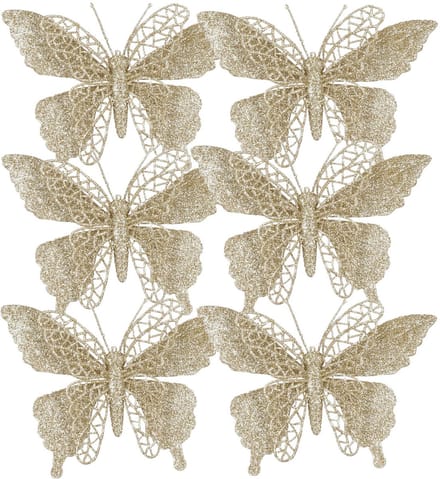 Kerstboomversiering Vlinder - 6x stuks - 16 cm - champagne glitter - op clip
