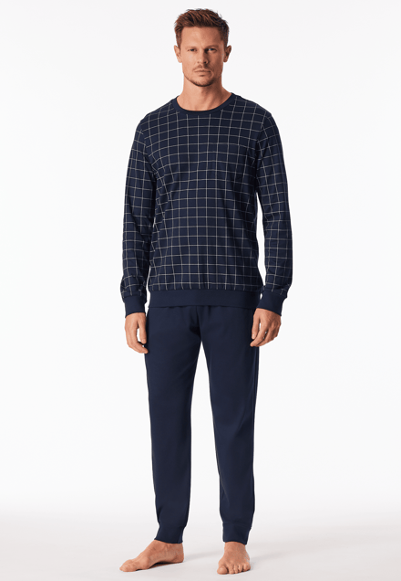 Lange pyjama van interlock met manchetten, nachtblauw geruit - Fine Interlock 48