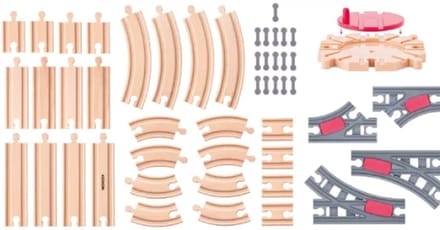Woody speelgoed rails set 50-delig met rangeerschijf en accessoires.