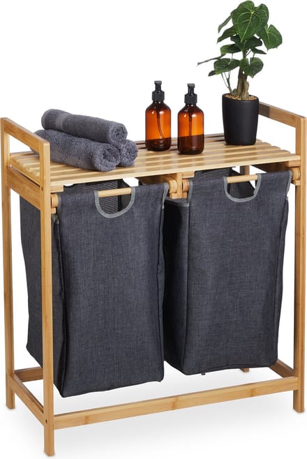 dubbele wasmand - 2 waszakken en plank - 37 liter - 73x64x33 cm - badkamer
