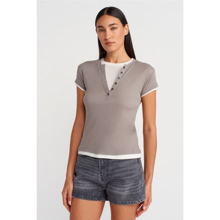 Dames Katoenen V-Hals Knop T-Shirt