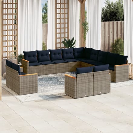 vidaXL - 13-delige - tuinbankset - met - kussens, - grijs - polyrotan