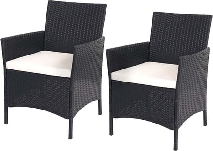 Set van 2 poly rotan tuinstoelen Halden, rieten fauteuil ~ antraciet, crèmekleurige kussens