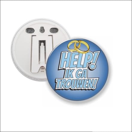 Button Met Clip 58 MM - Help Ik Ga Trouwen - Blauw