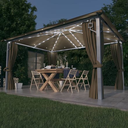 vidaXL - Prieel - met - gordijn - en - LED-lichtslinger - 4x3 - m - aluminium - taupe