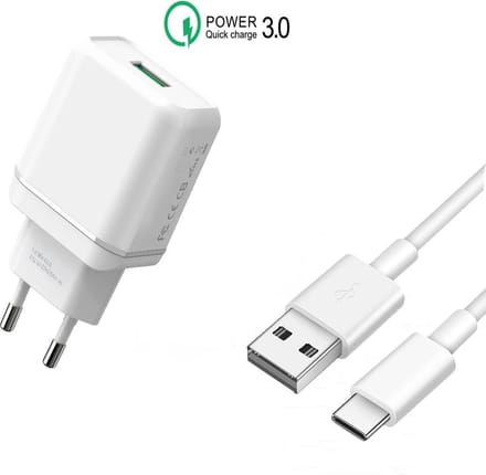 Usb Stekker 5V 3A + usb-C Kabel - Usb C naar usb-A - 1 Meter - Usb Lader - Telefoon Oplader - Quick Charge - Wit