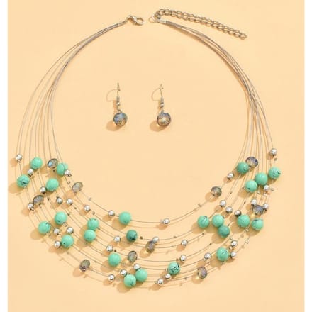 Ensemble collier et boucles d'oreilles multi-rangs en perles, Style ethnique tendance, Design tempérament, Bijoux polyvalents pour femmes vert