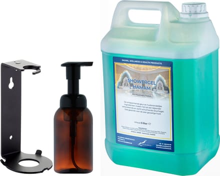 Zeepdispenser 300 ml amber bruin hervulbaar + 5 liter Showergel Hamam navulling (inclusief beugel)