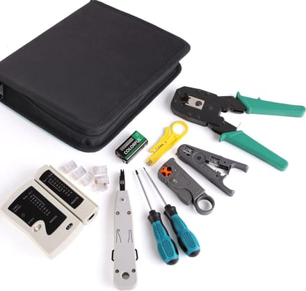 Netwerk toolset PRO - Krimptang RJ45, 12 en 11 - Netwerk tester - Kabelstripper - Complete set - 12 in 1