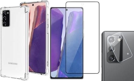 Hoesje geschikt voor Samsung Galaxy Note 20 - Screenprotector GlassGuard & Camera Lens Screen Protector - Back Cover Case ShockGuard Transparant
