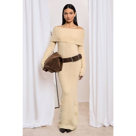 boohoo Dames Premium Oversized Bardot Halslijn Maxi Jumper Jurk | Stone | Maat: Medium