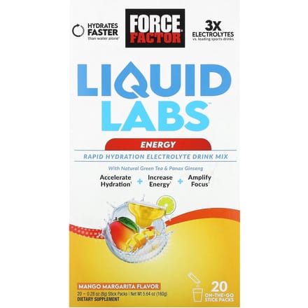 Force Factor, Liquid Labs Energy, Snelle Hydratatie Elektrolyten Drankmix, Mango Margarita, 20 Stickverpakkingen, 0,28 oz (8 g) Elk