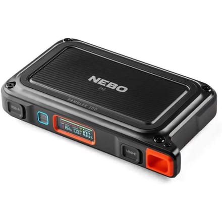 NEBO Rambler 100 Powerstation Zwart – 94,9 Wh – USB-C, USB-A en Draadloos Laden – LED Floodlight – Compact