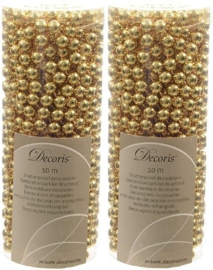 Decoris kralenslingers - 2x - goud - 10 meter - kunststof - glans - kerstslingers