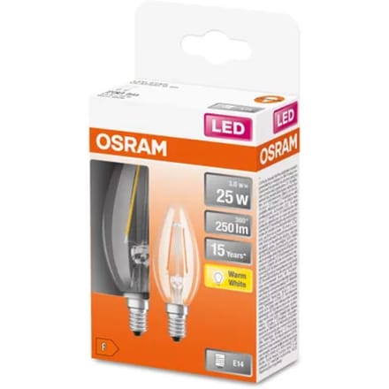 Osram Ledfilamentlamp Kaars Retrofit - D3,5cm - Warm Wit - E14 - 2,5w - 2 Stuks