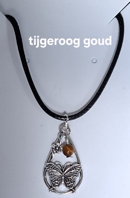 "Tijgeroog Goud" Waterdruppel / Vlinder Ketting
