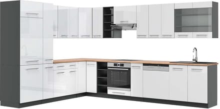 Vicco Hoekkeuken Fame-Line, Wit Hoogglans/Antraciet, 347 x 257 cm, WB Eik
