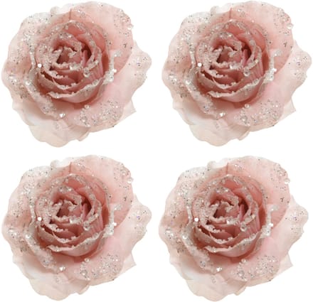 4x stuks kerstboom decoratie rozen poeder roze 14 cm - Kerstversiering/kerstboomversiering