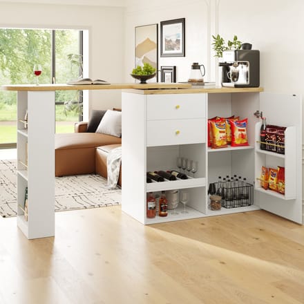 MODFU 360° draaibare L-kast wit MDF met 4 laden, 3-laags draaizijrek en goudaccent
