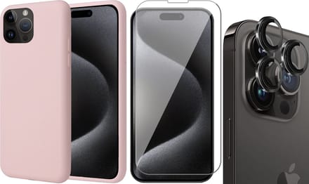 Hoesje geschikt voor iPhone 15 Pro Max - Screenprotector GlassGuard & Camera Lens Screen Protector Zwart - Back Cover Case SoftTouch Roze