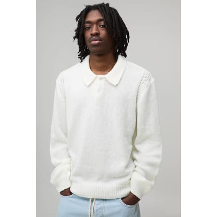 Regular Fit Fluffy Button Knitted Long Sleeve Polo T-Shirt | Ecru | Size Medium